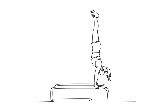 Single continuous line drawing woman athlete gymnast doing handstand on parallel bars competition artistic gymnastic. Perform acrobatic motion. Dynamic one line draw graphic design vector illustration