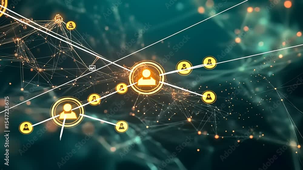 Poster abstract digital network connection with user icons, glowing lines, and nodes representing communica