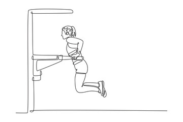 Continuous one line drawing female gymnast training in gym, flexible and power. Athlete in sportswear practicing in exercises for strength, balance. Single line draw design vector graphic illustration