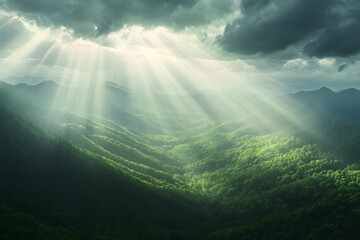 A panoramic view of the Mountains, with rays piercing through the clouds above, surrounded by lush greenery and forest-covered hills below. 