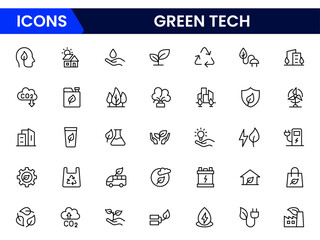 Eco-conscious vector web line icons depicting green tech, sustainability, renewable energy, recycling, and innovative solutions for environmental preservation.