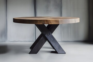 A photograph of an industrial-style round dining table with a rough-cut wooden top, set against a grey background 