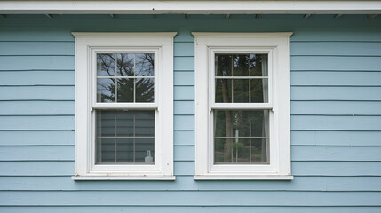 The exterior wall of a pale blue vintage house has two glass, white vinyl casement windows. The cottage wall is textured horizontal wooden Cape Cod siding boards. The glass windows are closed.