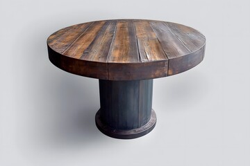 A photograph of an industrial-style round dining table with a rough-cut wooden top, set against a grey background 