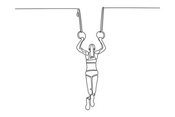 Single one line drawing woman gymnast training in gym, flexible and active. Female athlete in sportswear practicing balance on gymnastics rings. Continuous line draw design graphic vector illustration