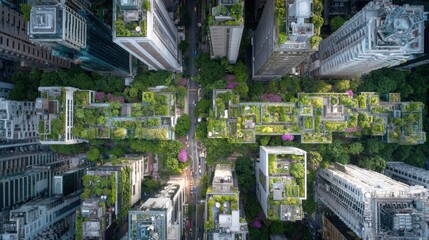 Aerial top-down view of a futuristic eco-city with lush green rooftop gardens
