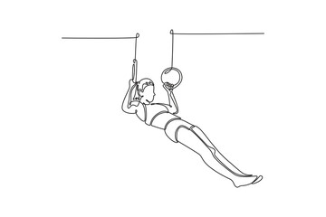 Obraz premium Single one line drawing muscular female gymnast exercising on gymnastic rings in modern health club. Gymnast athlete perform stunt in sportswear continuous line draw design graphic vector illustration