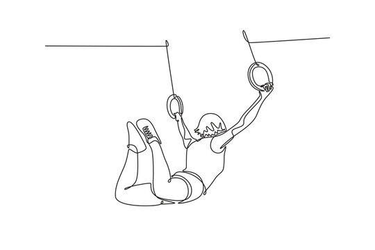 Continuous one line drawing beautiful female gymnast swinging on gymnastic rings while doing muscle up exercise during calisthenics workout in gym. Single line draw design vector graphic illustration