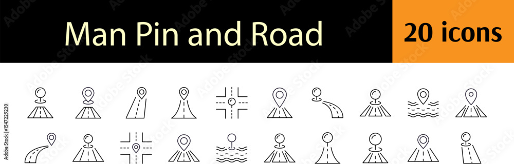 Poster set of way and path related line icons. road and map pin outline signs for graphic and web design, a