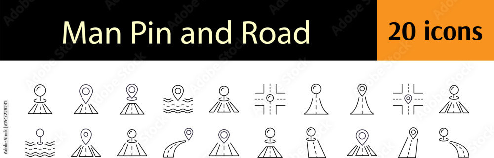 Aufkleber collection of way and path related line icons. road and map pin outline signs for graphic and web de