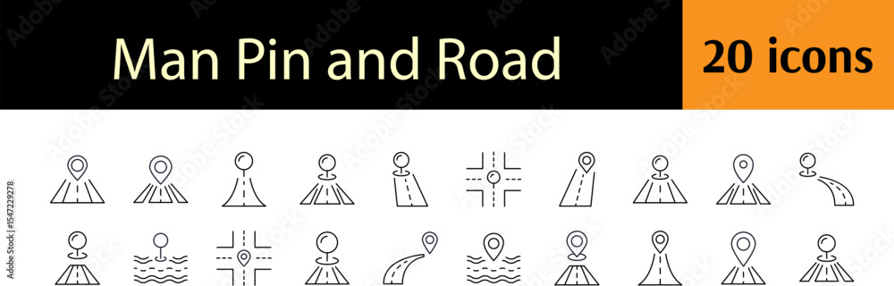 Aufkleber bundle of way and path related line icons. road and map pin outline signs for graphic and web design