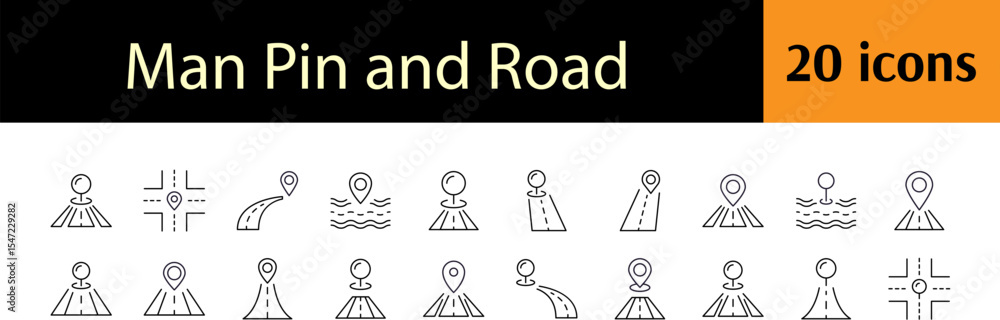 Poster pack of way and path related line icons. road and map pin outline signs for graphic and web design, 