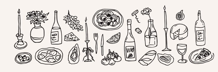 Naklejka na ściany i meble Hand drawn wine and food collection