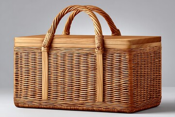 Woven Picnic Basket Set On Marble Counter high resolution image