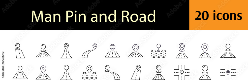 Poster way and path line icon bundle. road and map pin outline signs for graphic and web design, apps, adve