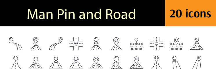 Way and Path Thin Line Icon Set. Road and Map Pin Outline Signs for Graphic and Web Design, Apps, Adverts, Various Cards