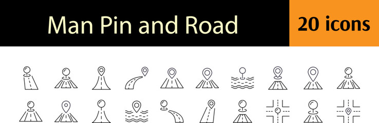 Way and Path Line Icon Bundle. Road and Map Pin Outline Signs for Graphic and Web Design, Apps, Adverts, Various Cards