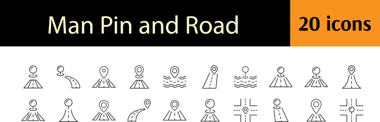 Road and Map Pin Modern Outline Style Icons for Design, Cards, Apps, Social Networks