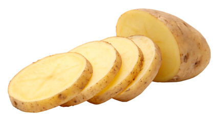 Pale Yellow Potato Slices Isolated Against a Black Background Showing Five Slices and a Sixth Partially Visible Section of a Raw Potato isolated on a transparent background