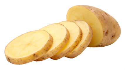 Pale Yellow Potato Slices Isolated Against a Black Background Showing Five Slices and a Sixth Partially Visible Section of a Raw Potato isolated on a transparent background
