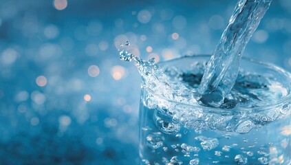 Refreshing water pouring into a glass creating a splash with a cool blue bokeh background.