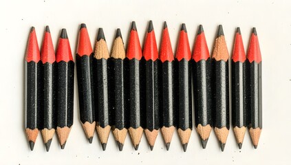 A red pencil stands out among black pencils on a white background, conveying the concept of a leader or the best idea. 