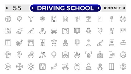 Driving School Outline Icon Set – Cars, Traffic, Education, and Transportation.