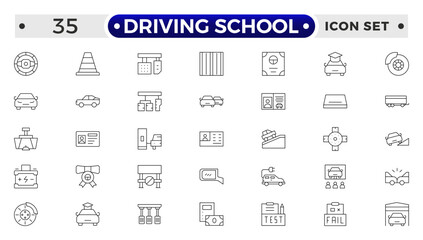 Driving School Outline Icon Set – Cars, Traffic, Education, and Transportation.