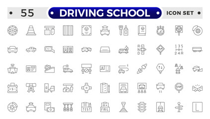 Driving School Outline Icon Set – Cars, Traffic, Education, and Transportation.
