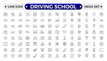 Driving School Outline Icon Set – Cars, Traffic, Education, and Transportation.