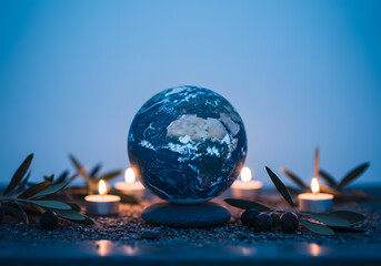 Earth globe display with candles