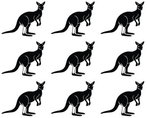 Nine black silhouette kangaroos seamless pattern