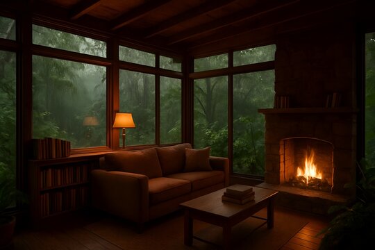 Fototapeta Cozy Cabin Interior with Fireplace and Forest View Through Glass Windows