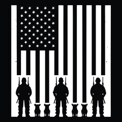 Three Soldiers Dogs American Flag Black White Silhouette Patriotic Image vector