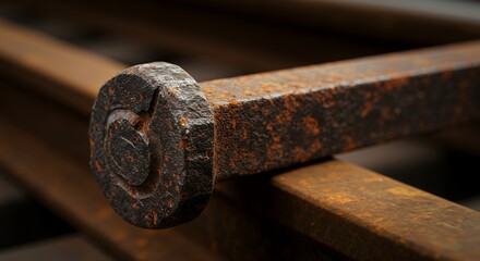 Rusty Railroad Track Bolt: Close-up Detail of Aged Metal