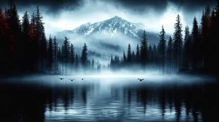 Fototapeta premium Misty Lake, Snowy Mountain, Birds