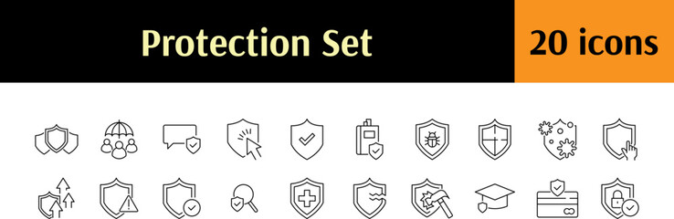 Insurance and Protection Related Outline Image Set. Contains Icons of Shield with People, Virus, Cross, Business, Education for Graphic Design, Web Sites, Cards, Books, Articles