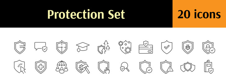 Insurance and Protection Related Simple Sign Set. Contains Icons of Shield with People, Virus, Cross, Business, Education for Graphic Design, Web Sites, Cards, Books, Articles