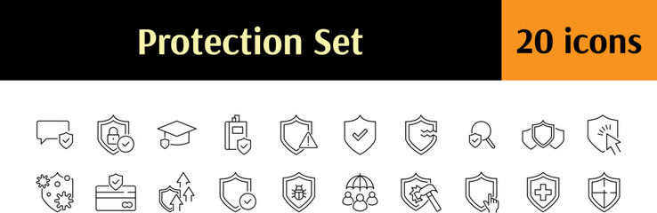 Insurance and Protection Related Simple Symbol Set. Contains Icons of Shield with People, Virus, Cross, Business, Education for Graphic Design, Web Sites, Cards, Books, Articles