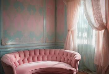 Interior Pink pastel sofa with soft pink curtains