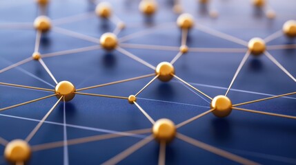 Golden spheres connected by lines on a blue background