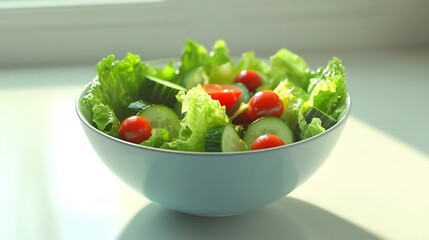 Fresh vegetable salad with lettuce, cucumber, and cherry tomatoes in a bowl
