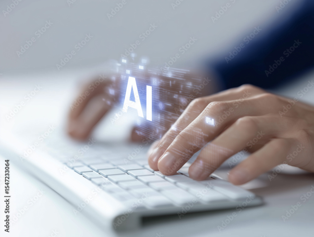 Poster Close up of hands typing on transparent keyboard with AI hologram, technology innovation and futuristic concept