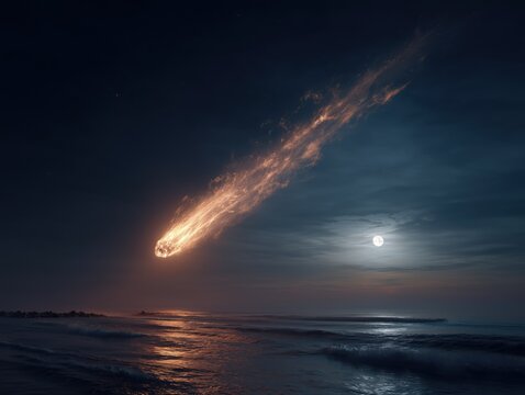 Asteroid Fragmentation in Atmosphere Before Ocean Impact, Burning Debris Trail, Moonlit Night Scene, Realistic Catastrophe Render