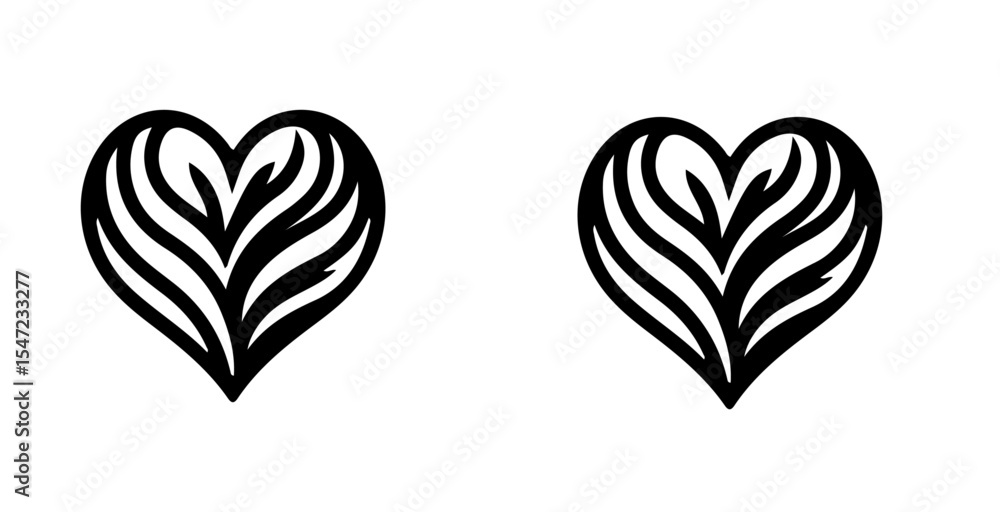 Poster two simple black heart icons with striped leaf pattern isolated on a plain white background design e