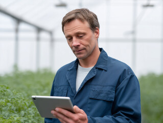 Farmer greenhouse tablet technology agriculture monitoring energy sustainable adult male focused modern digital smart crop