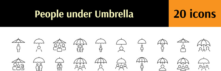 Insurance Line Icon Pack. People and Family under Umbrella Outline Signs for Graphic and Web Design, Apps, Adverts, Various Cards