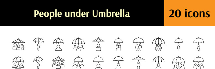 Insurance Line Icon Bundle. People and Family under Umbrella Outline Signs for Graphic and Web Design, Apps, Adverts, Various Cards