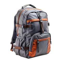 Grey and orange travel backpack isolated on black background