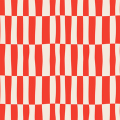 Abstract seamless monochrome geometric pattern of vertical red stripes in a row on a light background, distorted checkerboard pattern, checkered pattern, hand drawn vector illustration, flat style